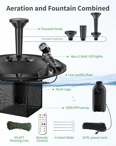 POPOSOAP Floating Pond Fountain With LED Lights, Pond Fountain Aerator Complete Kit with 1600GPH Water Pump 50FT Power Cord, 3 Spray Styles for Ponds, Pool, Lakes & Water Gardens P155 - Image 6