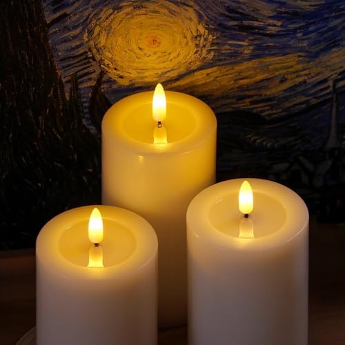 Yeelida Remote Flameless Flickering Pillar Candles with Candle Grease Effect,Pack of 3 White LED Battery Oprated 2/4/6/8 Hours Timer Real Wax Electric Candles(3x4,5,6 Inches) - Image 2