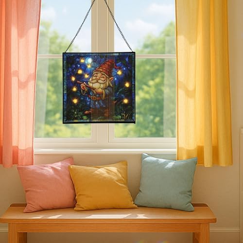 Firefly Song Gnome Stained Glass Suncatcher – Square Hanging Window Panel for Home or Greenhouse – Whimsical Glass Art Gift for Garden Lovers, Christmas, Halloween, Father Days tuXz8P - Image 5