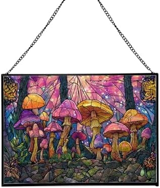 Rainbow-Colored Mushroom Cluster Rectangular Stained Glass Suncatcher – Hanging Window Panel with Animal & Nature Scene – Vibrant Glass Art Gift for Wildlife, Fantasy, Nature Lovers kE49ZM by Custom