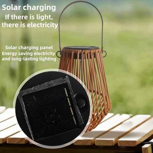 Solar Garden Lantern, Woven Rattan Wicker Outdoor Hanging Light, Chinese Retro Style Decorative Lantern for Balcony, Solar Powered Night Light (Beige (5.3in * 5.3in * 10.2in)) - Image 2