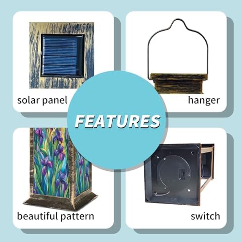 Solar Lantern Irises Hand Cut Stained Glass Purple Green Blue Leaves Organic Outdoor Waterproof Garden Hanging Lantern Solar Powered Lighting Outside Table Lamp for Patio Deck Camping 1 Pack - Image 4