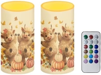 Pack of 2 Flameless Candles with Timer Battery Operated Candles with Remote Thanksgiving Day Flameless Pillar Lights for Autumn Theme Home Decoration, Pumpkin Highland Cow by Merkmak