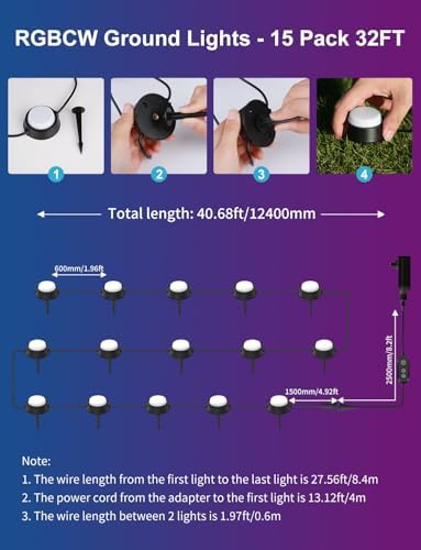 APPECK Outdoor Ground Lights 15 Pack, 32FT RGBCW Pathway Lights Wired - Image 6