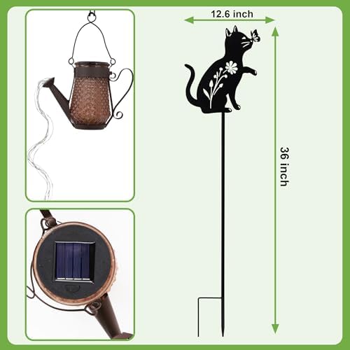 Solar Watering Can Light Cat Stake 36in Garden Waterfall LED Outdoor Art - Image 5