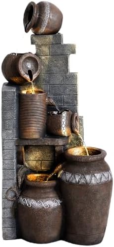 Grepatio Outdoor Water Fountain, Garden Waterfalls Fountains with LED Lights, 6 Tier Modern Indoor/Outdoor Floor Standing Water Fountain for Garden, Patio (10.6"(L) x 14.6"(W) x 31.5"(H)) by Takesyoutohaveawonderfullife