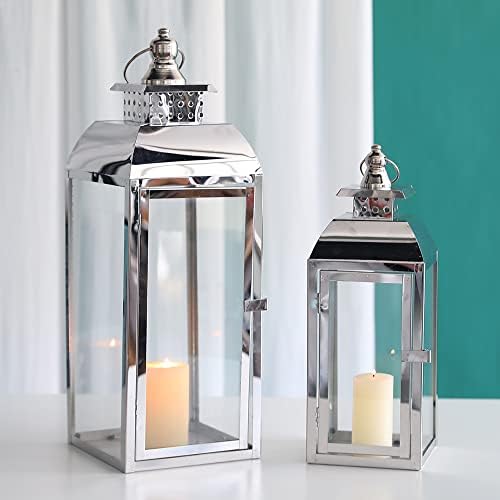 JHY DESIGN Set of 2 Stainless Steel Decorative Candle Lanterns 20.5"&15" High Metal Candle Lanterns for Indoor Outdoor Events Parities Weddings Vintage Style Hanging Lantern by JHYDESIGN