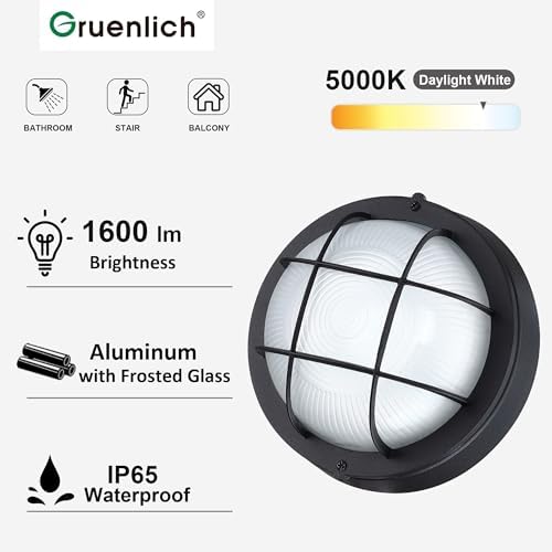 GRUENLICH LED Bulkhead Light, 8" Round Aluminum, 5000K, Black, 2 Pack - Image 2