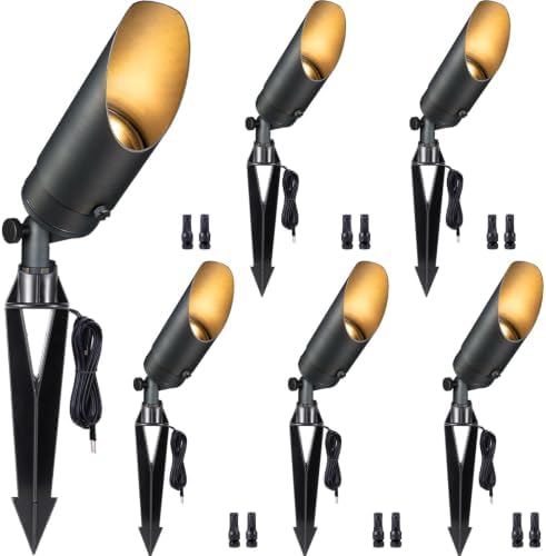 Gardenreet 12V Spot Lights Solid Brass - Outdoor Low Voltage Landscape Spotlight, Wired LED Uplights Waterproof, Stretchable Shroud Bronze for Patio Wall with 5000K Daylight MR16 Bulb (6 Pack) by Gardenreet