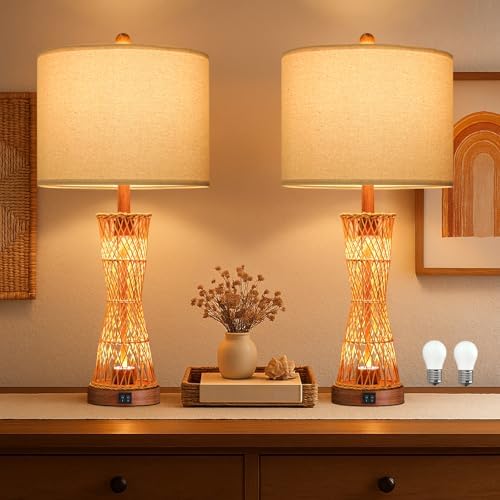 OYEARS 27" Table Lamps Set of 2 with Rattan & Dual Lights, Boho Lamps for Nightstands, Bedside Lamps for Bedroom, Nightstand Lamp for Living Room, Farmhouse Table Lamp for Office & Study by OYEARS