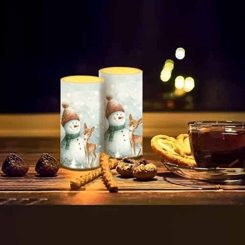 Flameless Candles Bulk Set of 2 Flickering Battery Operated Candles with Remote and Timers Christmas Snowman Deer Print Battery Tealights for New Year Party Decoration LED Pillar Lights - Image 7