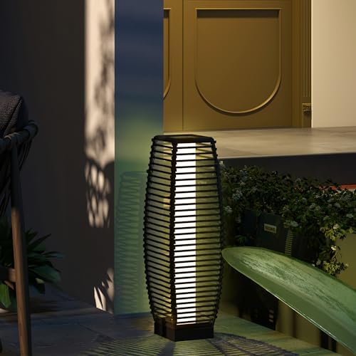 Outdoor Solar Floor Lamp, Rattan Garden Lantern with Auto LED Light, Gray - Image 3