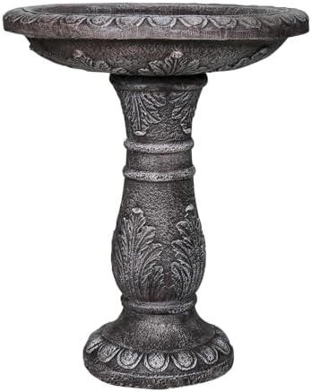 SunJet 24.4” H x 20” Dia Outdoor Birdbath with Intricate Floral Carvings Pedestal - Fibre Reinforced Concrete Birdbaths, Vintage Design for Garden Decor & Bird Attraction - Image 6