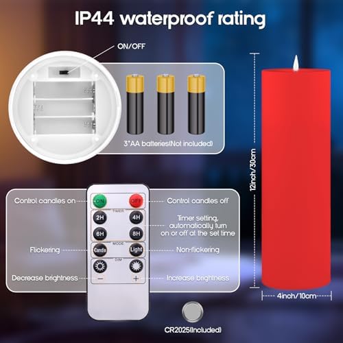 4"x12" Large Outdoor Waterproof Red Flickering Flameless LED Battery Operated Pillar Candles with Remote & Timer, Pack of 2 for Party, Wedding, Patio, Porch & Christmas Decor - Image 2