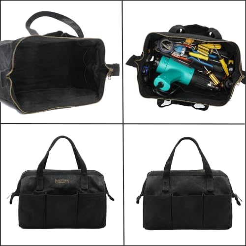 Tool Bag with Zipper, Heavy Duty 16oz Waxed Canvas Wide Mouth Tool Tote Bag, 13-inch Muti-Purpose Storage Tool Pouch with Side Pockets - Image 4