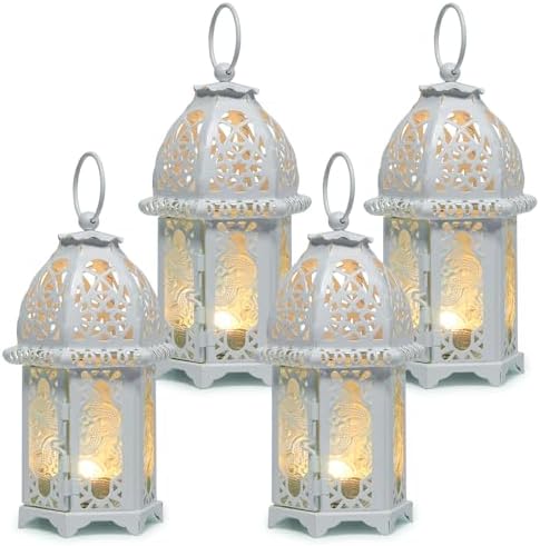 IMAGE 4PCS Candle Lanterns Metal Candle Holder with Transparent Glass Moroccan Decorative Hanging Lantern, 7x16cm, White by IMAGE