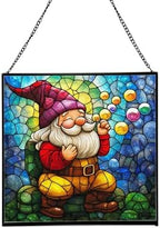 Bubble Blowing Gnome Stained Glass Suncatcher – Square Hanging Window Panel for Home or Greenhouse – Whimsical Glass Art Gift for Garden Lovers, Christmas, Halloween, Father Days 0xWaVs by Custom