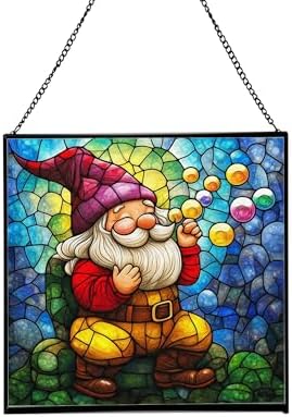 Bubble Blowing Gnome Stained Glass Suncatcher – Square Hanging Window Panel for Home or Greenhouse – Whimsical Glass Art Gift for Garden Lovers, Christmas, Halloween, Father Days 0xWaVs by Custom