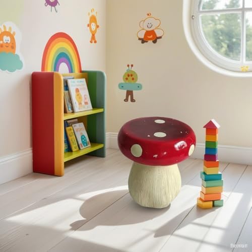 13.8" Resin Mushroom Stool for Kids & Garden Decor, Woodland Forest Side Table & Plant Stand for Patio, Balcony, Playroom, Lawn & Indoor Outdoor Spaces-Red - Image 3