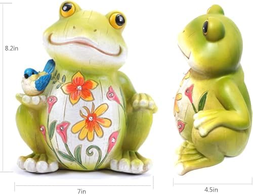 Solar Powered Frog Garden Statue, Resin Frog Figurine with Little Bird & Warm LED Lights, Waterproof Outdoor Decor Frog Sculpture, Lawn Yard Patio Backyard Flower Bed Ornament, Housewarming Gift - Image 2