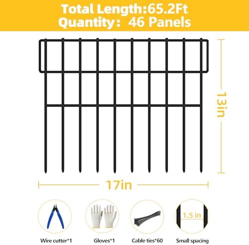 ULIOK 46 Panels Animal Barrier Fence, Garden Fence Animal Barrier, No Dig Fencing, 65.2ft(L) x 13in(H) Dog Fencing Rabbit Fences, 1.5in Spike Spacing Rustproof Metal Fences Border for Outdoor Yard - Image 2