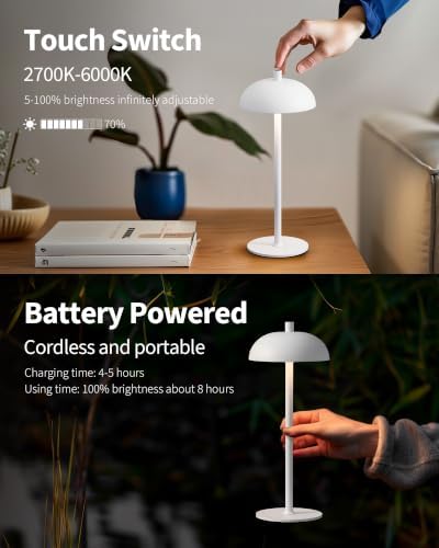 12" Cordless Table Lamps Set of 2, White Modern Portable Desk Lamp - Image 4