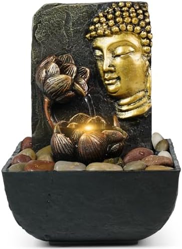 Ferrisland Desktop with LED Light Buddha Lotus Resin Fountain (Gold) by Ferrisland