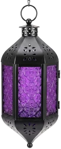 Vela Lanterns Hanging Moroccan Lantern with LED Twinkle Fairy Lights - Exotic Decorative Patio & Porch Decor, Indoor Outdoor Candle Lamp Holder with Chain (13" Large, Purple Glass) by VelaCandleLanterns