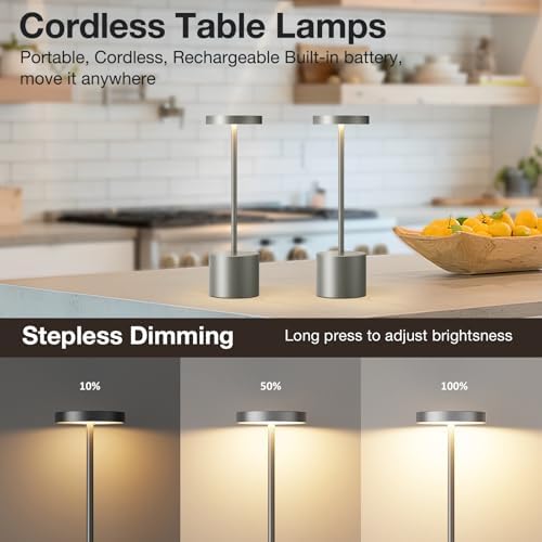 Kakanuo Grey Rechargeable Cordless Lamp - Touch Control, 3 Color Temperature, Wireless Battery Operated Lamps, Stepless Dimmable, Set of 2 - Image 2
