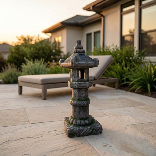 26" H Large Asian Zen Pagoda Outdoor Moss Solar-Powered Statue - Image 5