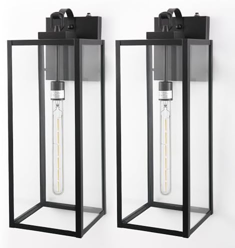 DORESshop 24 Inch Large Size Dusk to Dawn Outdoor Wall Lights, Matte Black Waterproof Anti-Rust Outdoor Light Fixtures Wall Mount with Clear Glass Shade for Porch, with T30 Light Bulbs, 2 Pack by DORESshop