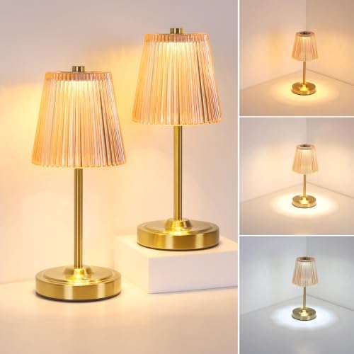 Shenmoyl Set of 2 Cordless Touch Table Lamp with 5200mAh Battery - 3 Adjustable Color Temperatures & Dimmable, Rechargeable Lamp for Bedsides, Living Room, Entryway, Bookshelves (Amber Stripe) by Shenmoyl