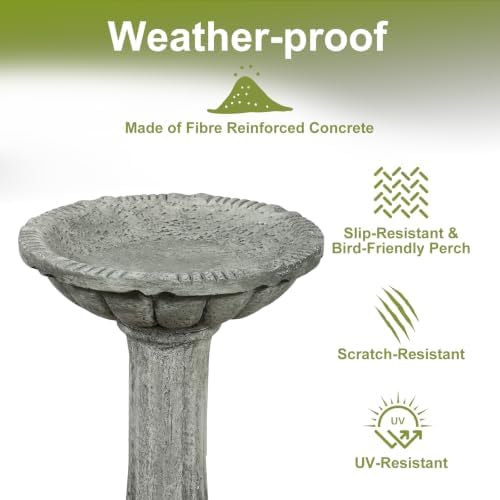 Concrete Bird Bath for Outdoor Garden, 16.5" Fluted Pedestal Birdbath, Fiber-Reinforced Stoneware Column Style Garden Decor, 25 lb Vintage Yard Statue, Light Gray - Image 4