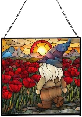 Gnome with Poppy Field Stained Glass Suncatcher – Square Hanging Window Panel for Home or Greenhouse – Whimsical Glass Art Gift for Garden Lovers, Christmas, Halloween, Father Days hLqq7K by Custom