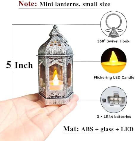 LLQ 12Pcs Mini Silver Lantern with LED Tea Light, Vintage Hanging Moroccan Small Lanterns Decorative, Battery Included, for Ramadan, Wedding, Halloween, Christmas, Diwali Table Centerpiece - Image 2