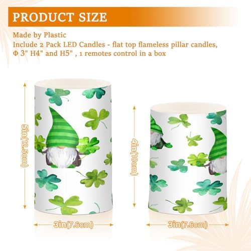 YETTASBIN St.Patrick's Day Gnome Flameless Candles with Remote Control and Timer, Adjustable Brightness Long Lasting Battery Operated LED Pillar Candles for Indoor Outdoor Party Home Decor, 2 Pack - Image 3