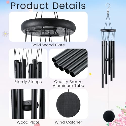 Yahenda 6 Pcs 37 Inch Rustic Wind Chimes for Outside Deep Tone Wind Chimes with 6 Aluminum Tubes Memorial Coolest Windchimes Outdoors for Farmhouse Garden Patio Home Decor (Blackwood, Black) - Image 2