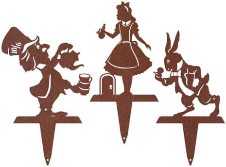 RealSteel Storybook Metal Garden Stakes, Set of 3, Curious Girl, White Rabbit and Mad Hatter Tea Party Yard Art Silhouettes, Handcrafted in Texas, Rust by RealSteel
