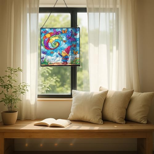 Gnome with Butterfly Friends Stained Glass Suncatcher – Square Hanging Window Panel for Home or Greenhouse – Whimsical Glass Art Gift for Garden Lovers, Christmas, Halloween, Father Days QXO4Ef - Image 7