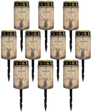 Poceacles 10 Pack Cross Solar Lights Outdoor for Cemetery Grave Decorations, Fake LED Pillar Candles Solar Powered Waterproof Outdoor Stake Lights Grave Markers, Deer Cross Dove of Peace Vintage by Poceacles