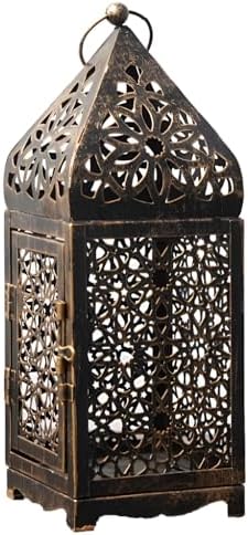 Bronze Moroccan Candle Lantern, Metal Hanging Candle Holder with Hollow Pattern, European Style Vintage Decorative Centerpiece with Top Handle, Circular Ring for Weddings, Parties, Home Decor by Unknown