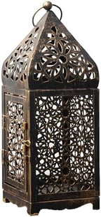 Bronze Moroccan Candle Lantern, Metal Hanging Candle Holder with Hollow Pattern, European Style Vintage Decorative Centerpiece with Top Handle, Circular Ring for Weddings, Parties, Home Decor by Unknown
