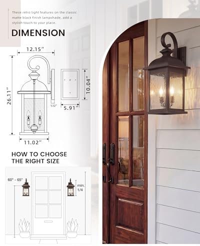 FEMILA 26" Outdoor Wall Sconce, Large Exterior Lighting Fixtures, 3-Light Outdoor Wall Lantern Porch Lights for Patio, Garage, Doorway, ORB Finish, E12 Base, 4FD54B-L ORB-WP - Image 3