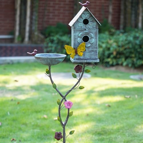 57" H Metal Bird Bath Bowl and Bird House 2-in-1 Design for Outdoors, Garden Yard Decor - Image 2