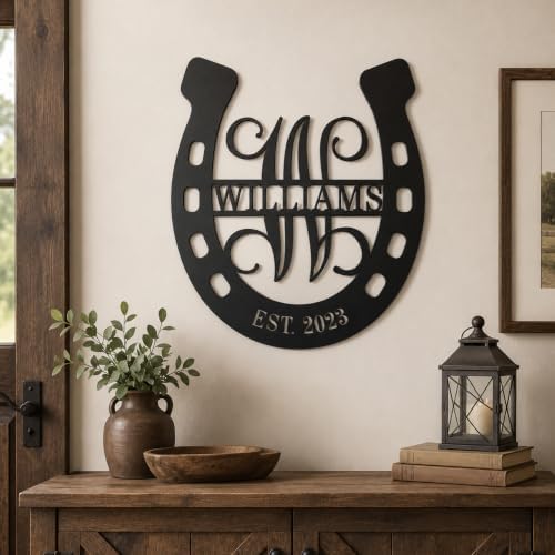 Personalized Horseshoe Metal Sign with Initial and Family Name, Custom Monogram Metal Wall Art Last Name Sign, Equestrian Horse Lover Gift for Living Room Decor - Image 4