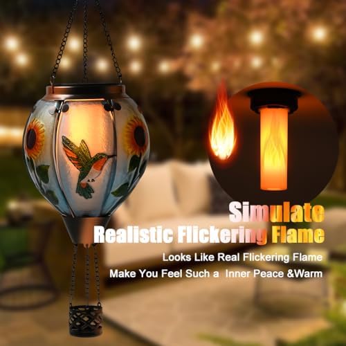 Hot Air Balloon Solar Lantern - Hummingbird Glass Lantern, Simulated Flickering & Dancing Flame, Outdoor Hanging Sunflower Yard Light Waterproof IP65 for Patio Lawn Porch Decor Gift - Image 2