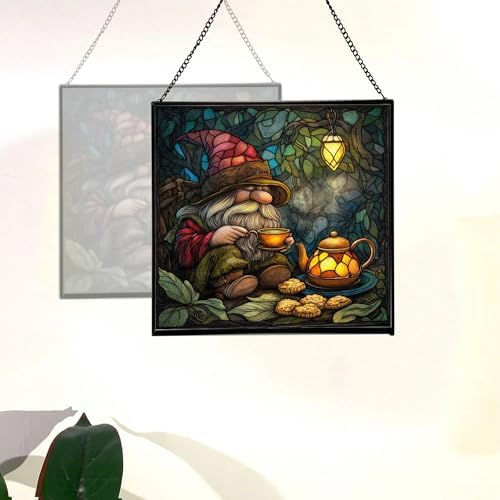 Gnome Tea Time Stained Glass Suncatcher – Square Hanging Window Panel for Home or Greenhouse – Whimsical Glass Art Gift for Garden Lovers, Christmas, Halloween, Father Days NlL056 - Image 4