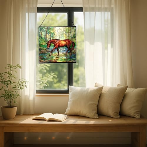 Chestnut Tennessee Walking Horse Stepping Through Shallow Creek Square Suncatcher – Stained Glass Style Window Panel with Scene, Custom Decorative Hanging Art for Equestrian Home, Christmas TIWa3X - Image 4
