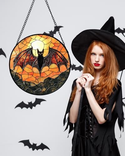Stained Glass Window Hanging Halloween Bat Suncatcher Gift for Women 15" - Image 4