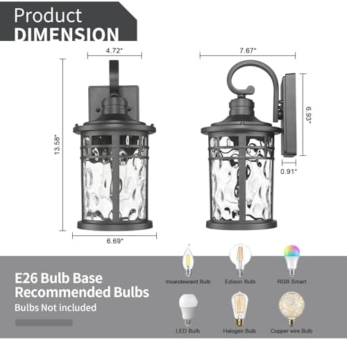 2PCS Outdoor Porch Lights Wall Mount Sconces with Water Ripple Glass Outdoor Lighting Waterproof Exterior Lantern for House Front Porch Patio Garage Doorway Garden - Image 3